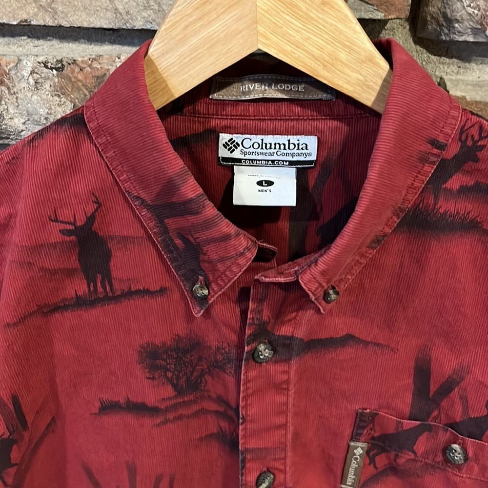 Columbia River Lodge Red Elk Print Cotton Outdoor Long Sleeve Shirt - Picture 2 of 8